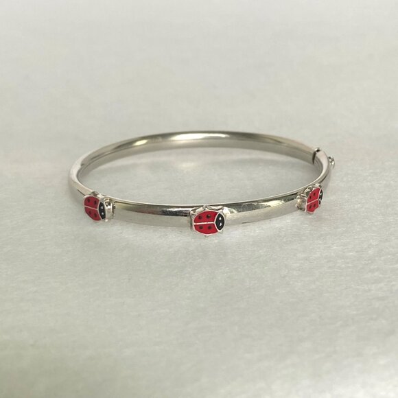 Sterling Silver 925 Youth XS Women Enamel Ladybug Oval Bangle Bracelet Sz 5.75" - Picture 2 of 16